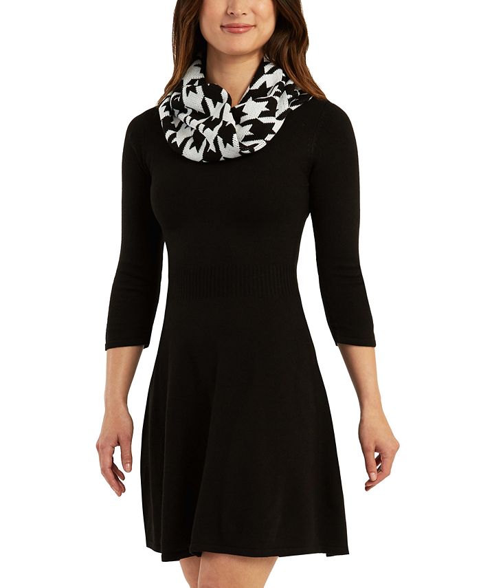BCX Junior's Printed Scarf Fit & Flare Sweater Dress Black Size XS