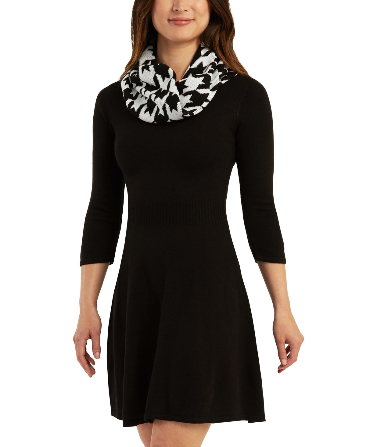 BCX Junior's Printed Scarf Fit & Flare Sweater Dress Black Size XS