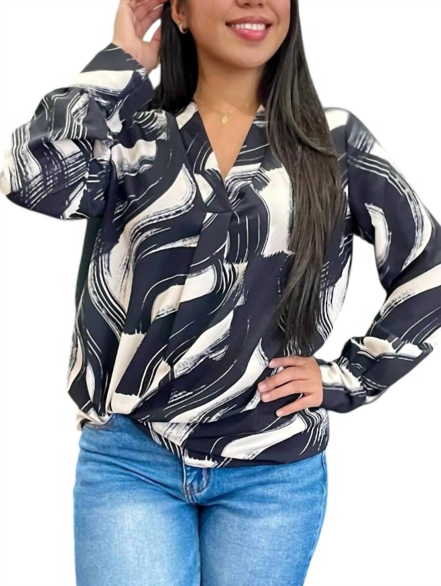 2 Hearts Apparel - Print V-neck With Cuff Blouse