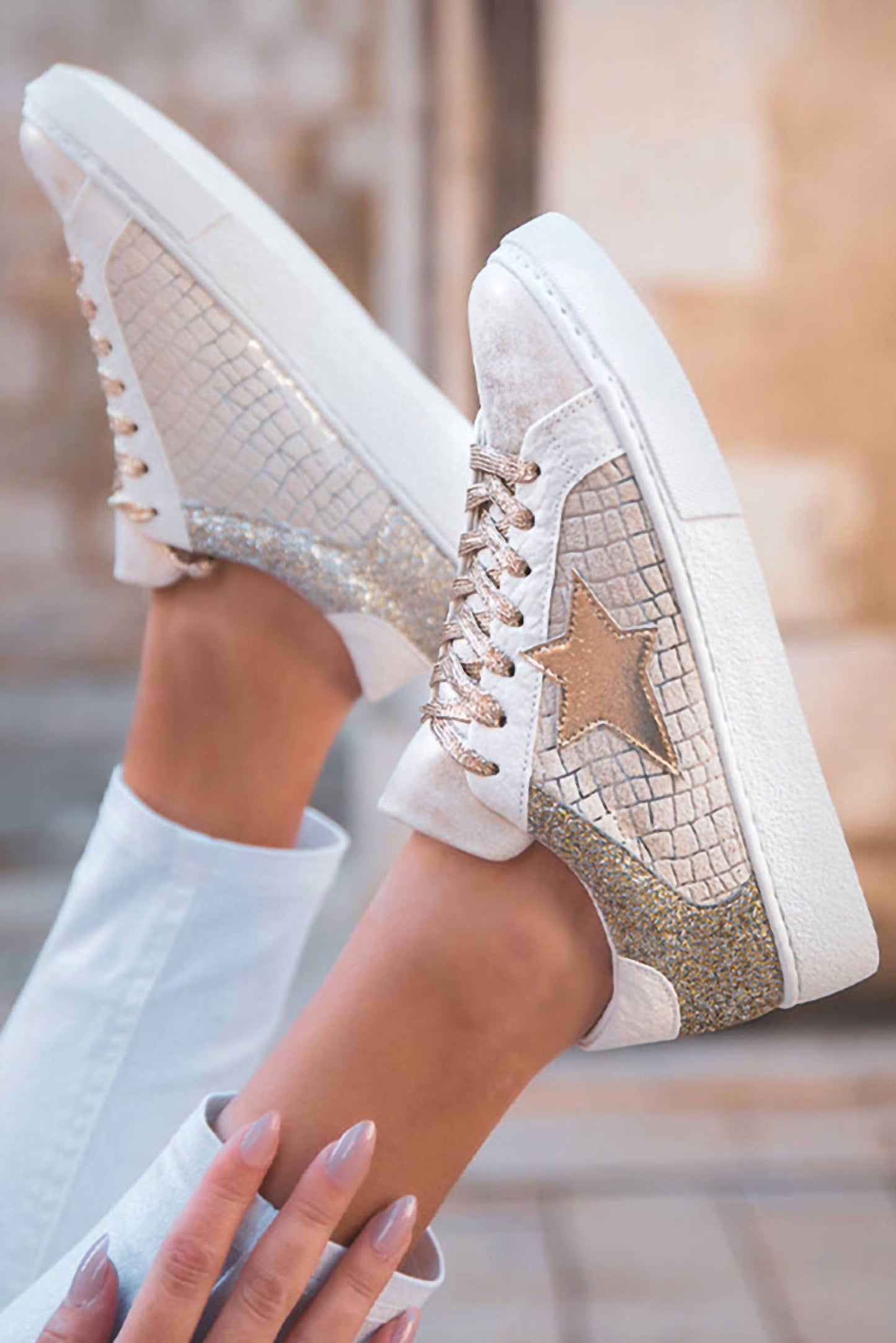 1 The Woman - Glitter Star Patchwork Leather Lace-up Sneakers