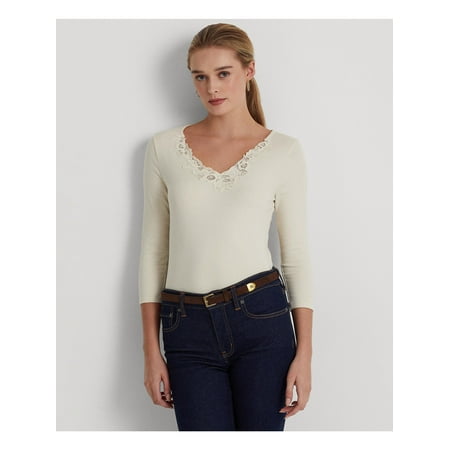 RALPH LAUREN Womens Beige Embroidered Lace V-neck 3/4 Sleeve V Neck T-Shirt XL