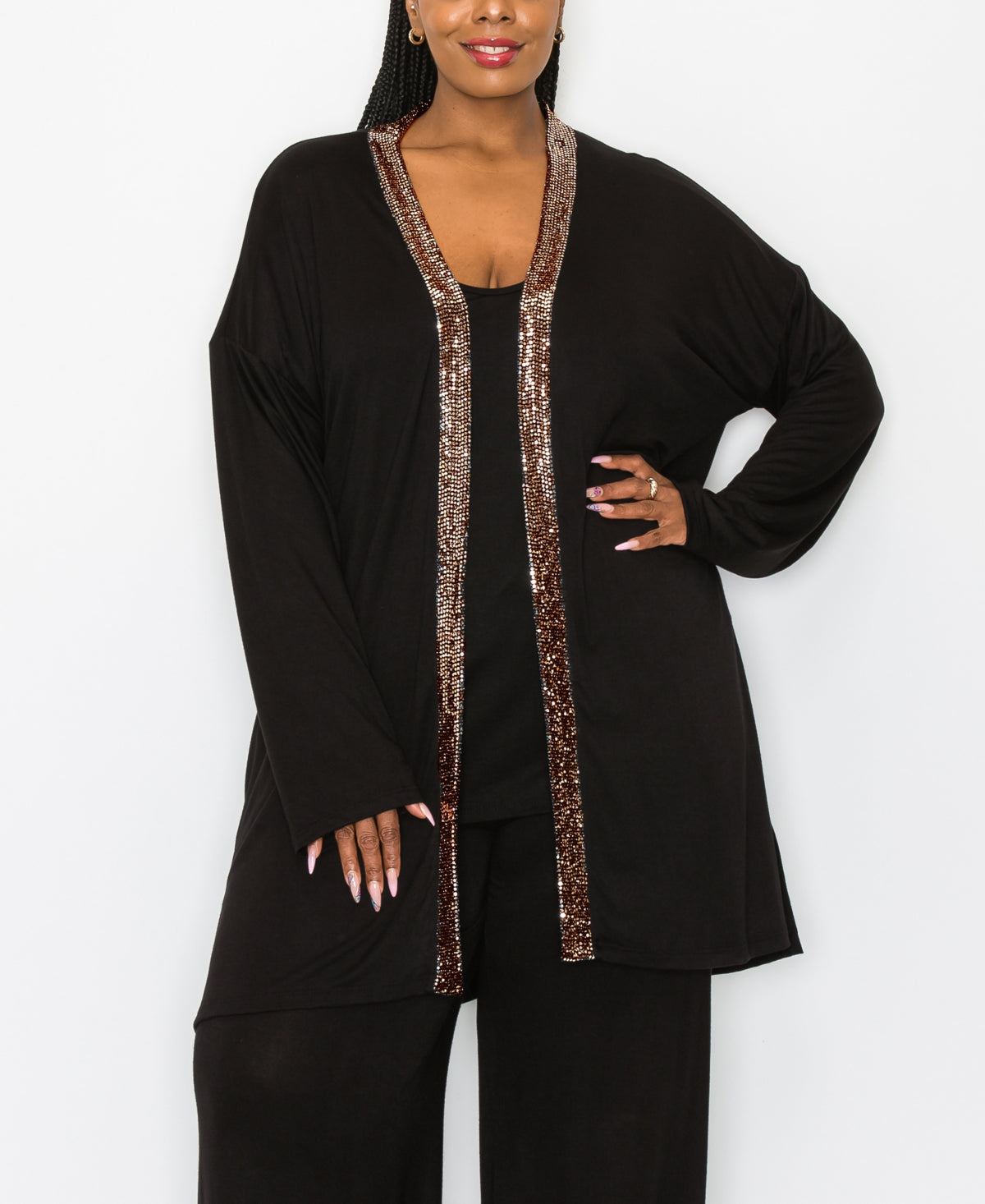 Coin Women's Sequin Contrast Cardigan Sweater Black Size 1X