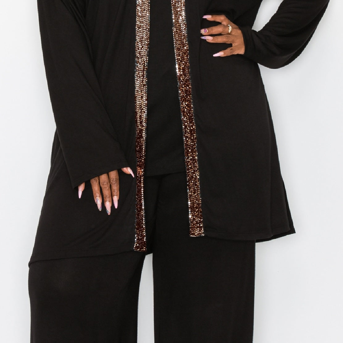 Coin Women's Sequin Contrast Cardigan Sweater Black Size 1X