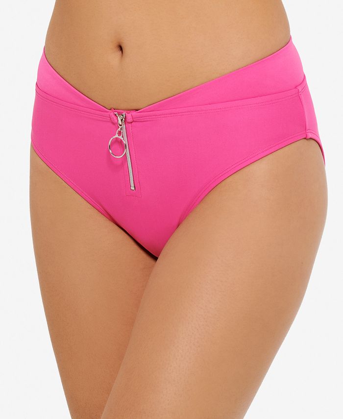 Hula Honey Women's Stretch V Front Waistline Lined Zippered Full Coverage High Waisted Swimsuit Bottom Pink
