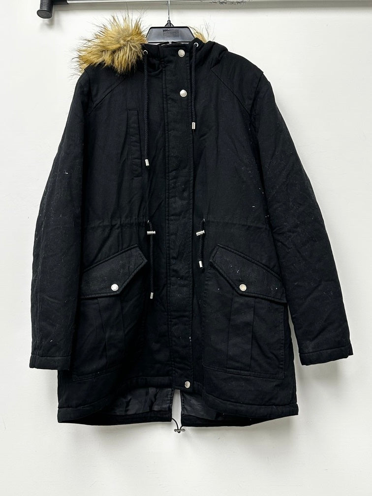 Collection B Women's Junior's Faux Fur Trim Hooded Anorak Coat Black Size X-Large