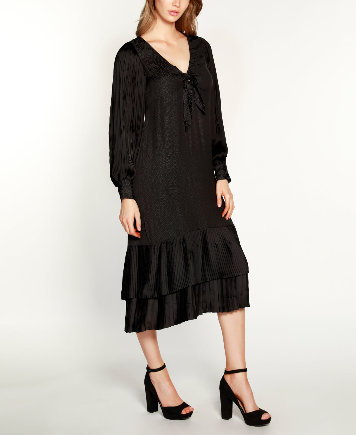Belldini Women's Pleated Ruffle Midi Dress Black Size Small