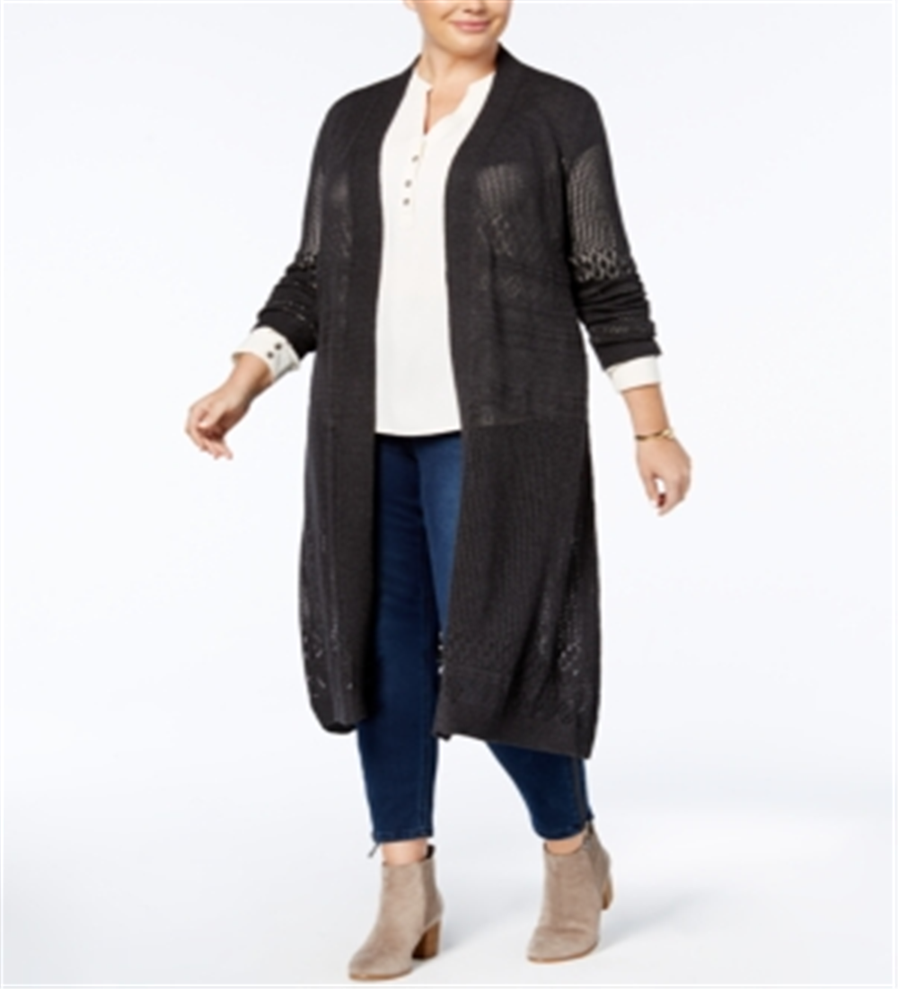 Belldini Women's Plus Pointelle Stitch Duster Cardigan Gray Size 1X