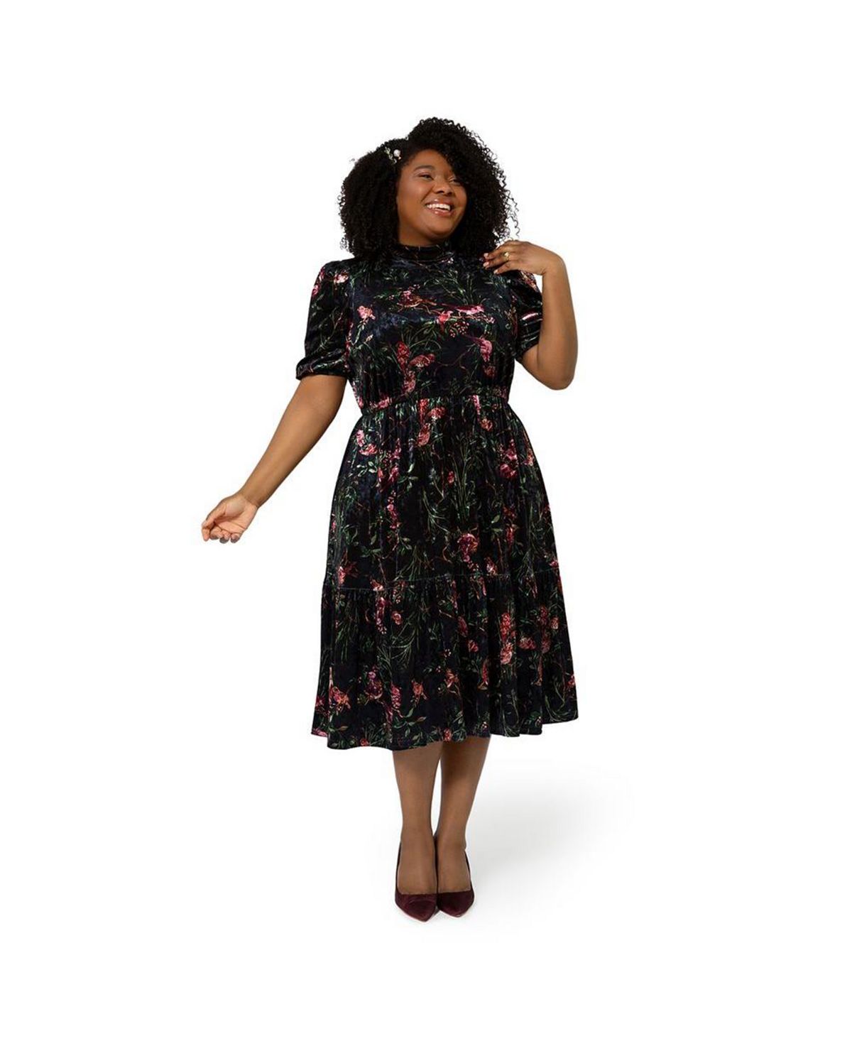 Leota Women's Miranda Floral Velvet Midi Dress Black Size 2X