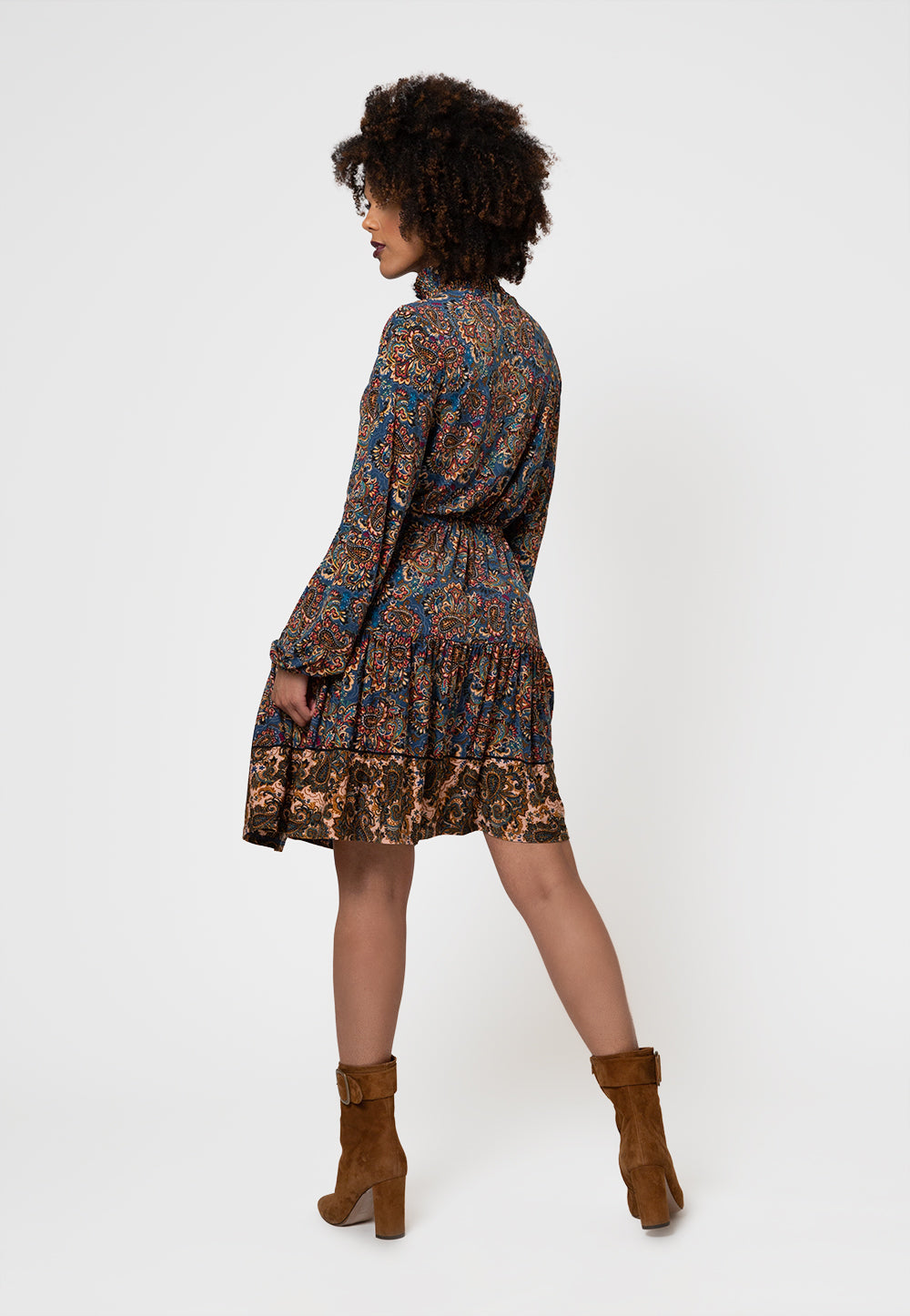 Leota Women's Long Sleeve Olive Dress in Boho Paisley Blue