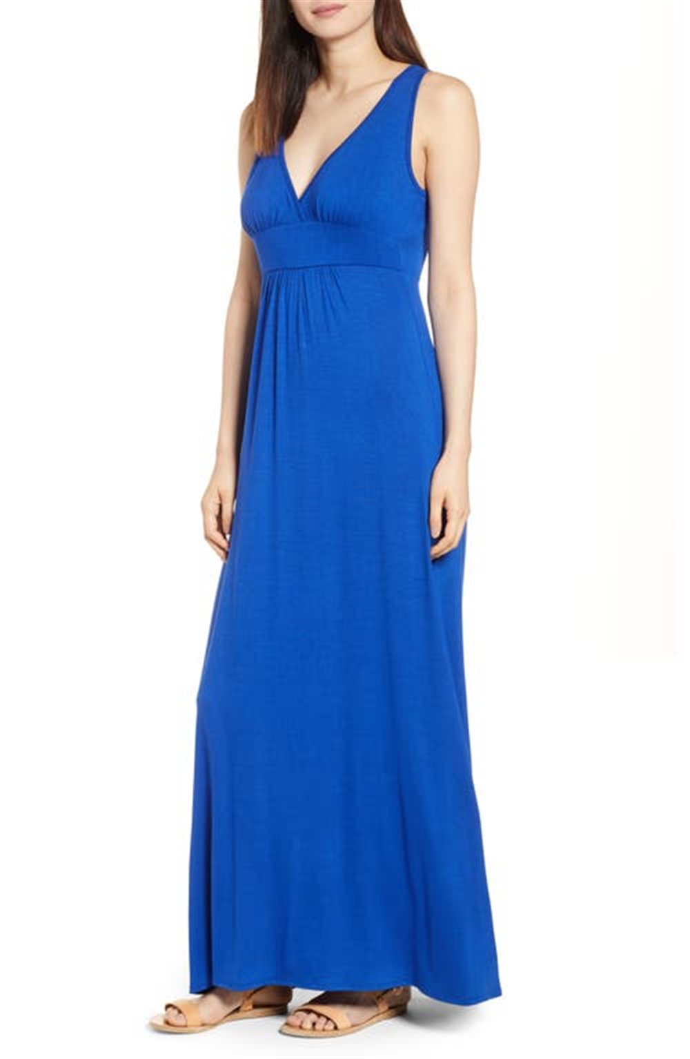 Loveappella V-Neck Jersey Maxi Dress In Blue Mazarine Size Small