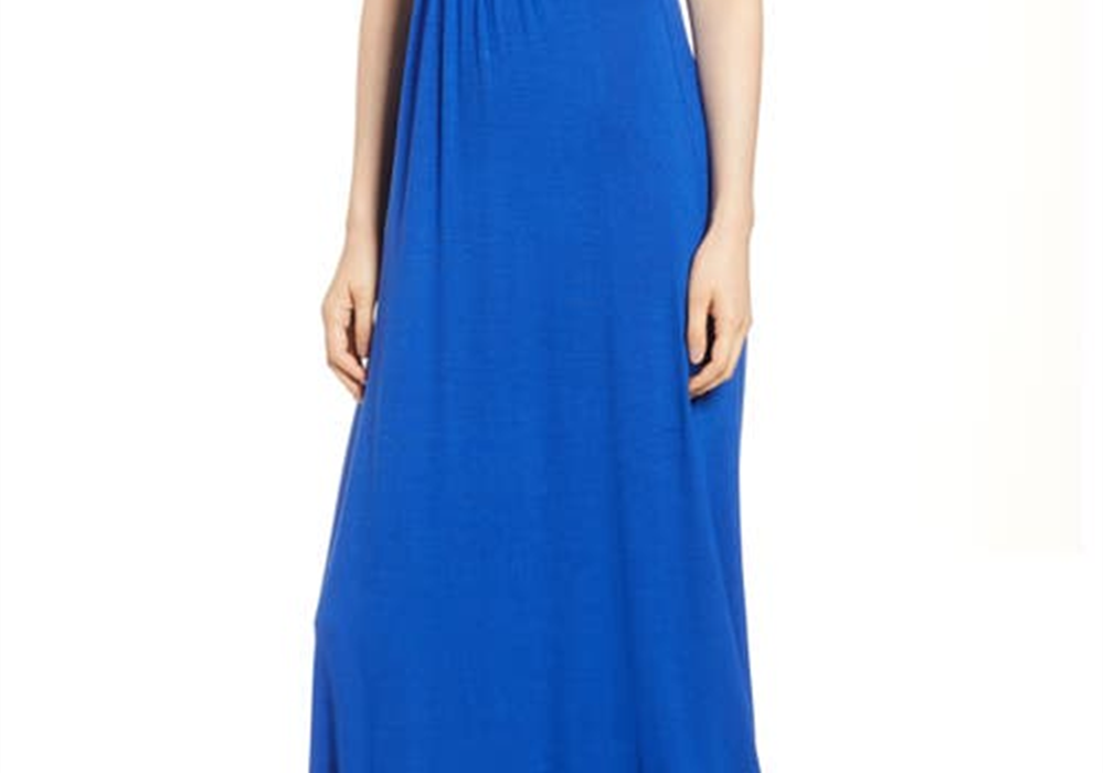 Loveappella V-Neck Jersey Maxi Dress In Blue Mazarine Size Small