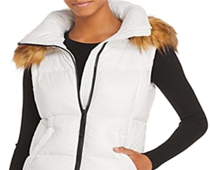 Aqua Women's Faux Fur Trim Hooded Puffer Vest White Size Small