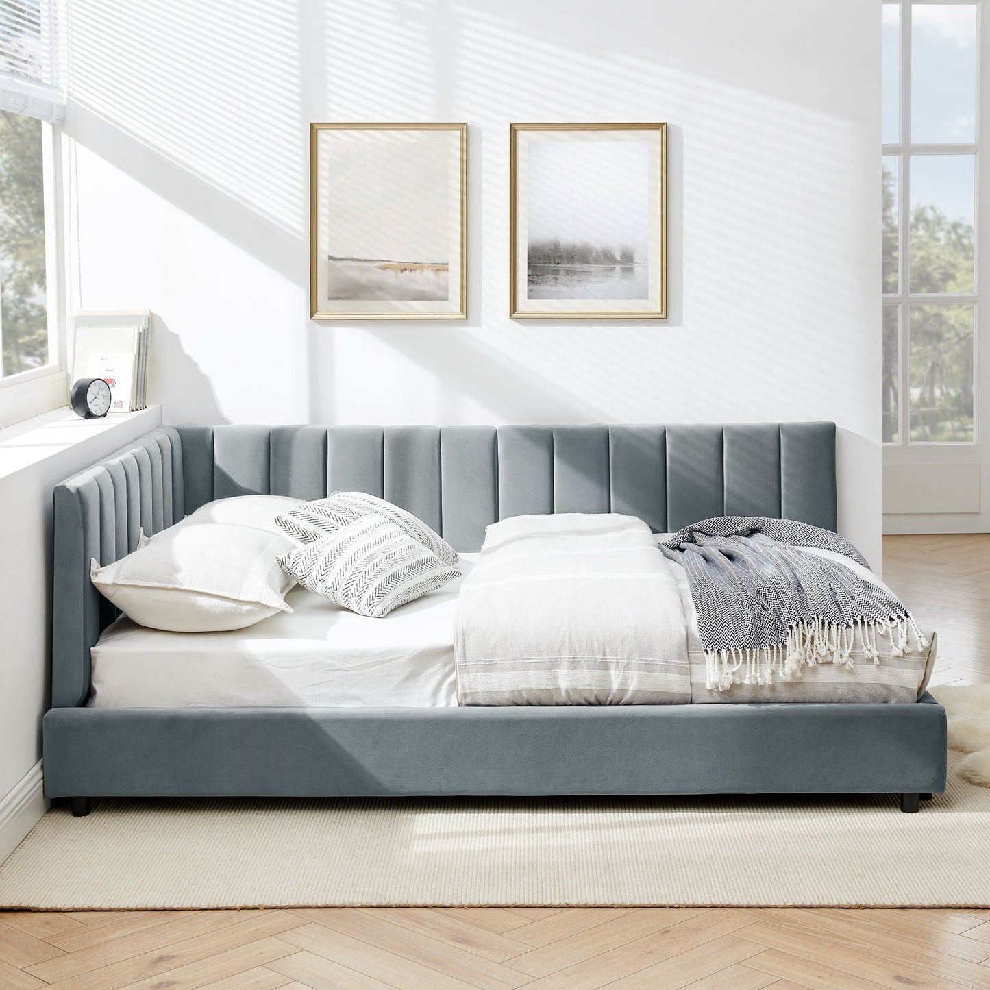 Mid-Century Upholstered Tufted Bed Frame with Backrest and Armrests