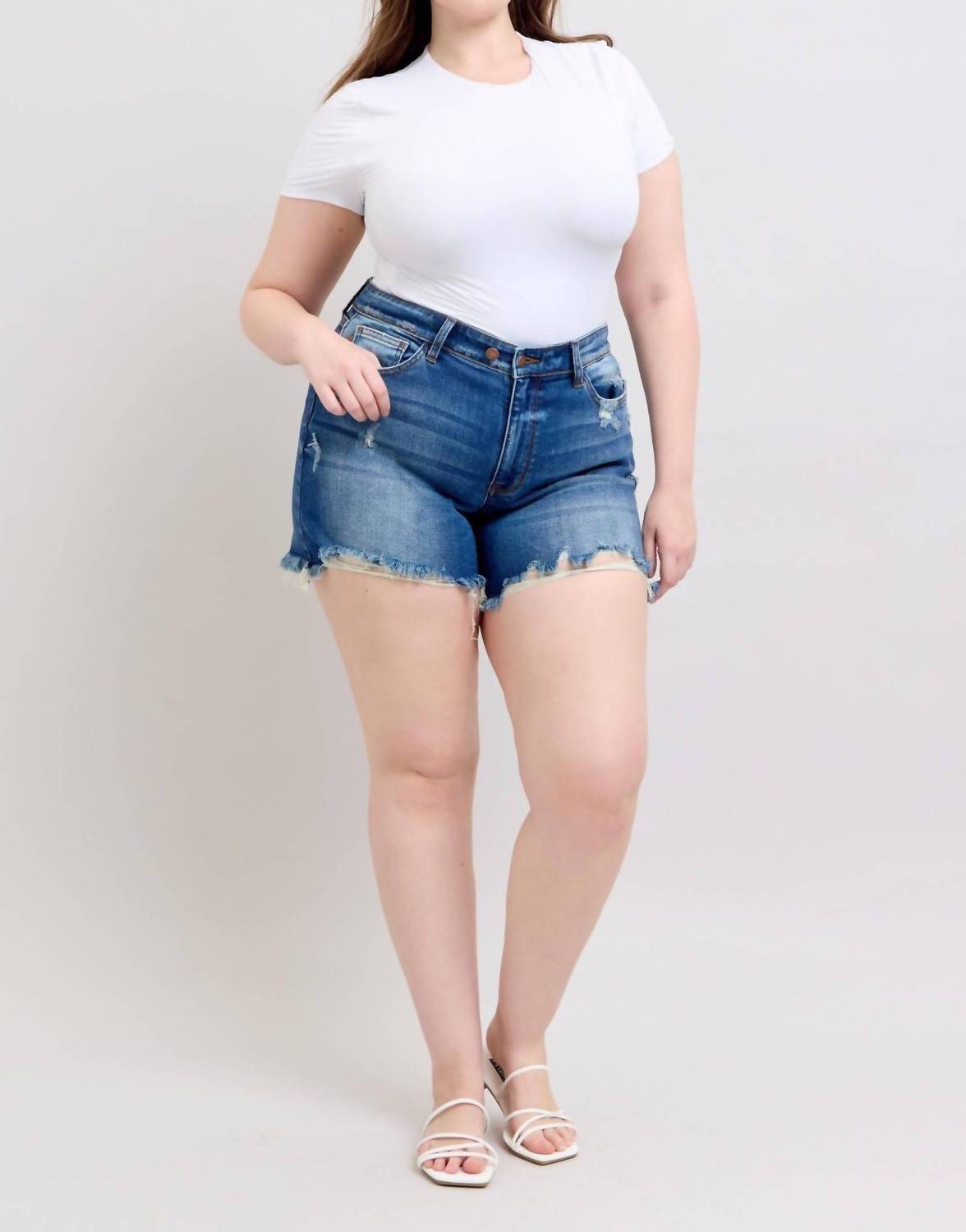 Judy Blue - Mid Rise Two Button With Destroy Dad Denim Short