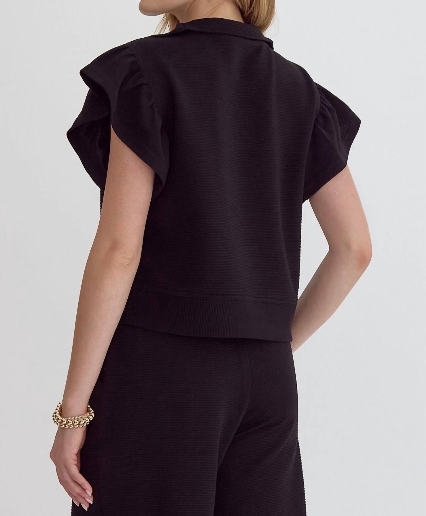 Entro - Half Zip Textured Flutter Sleeve Top