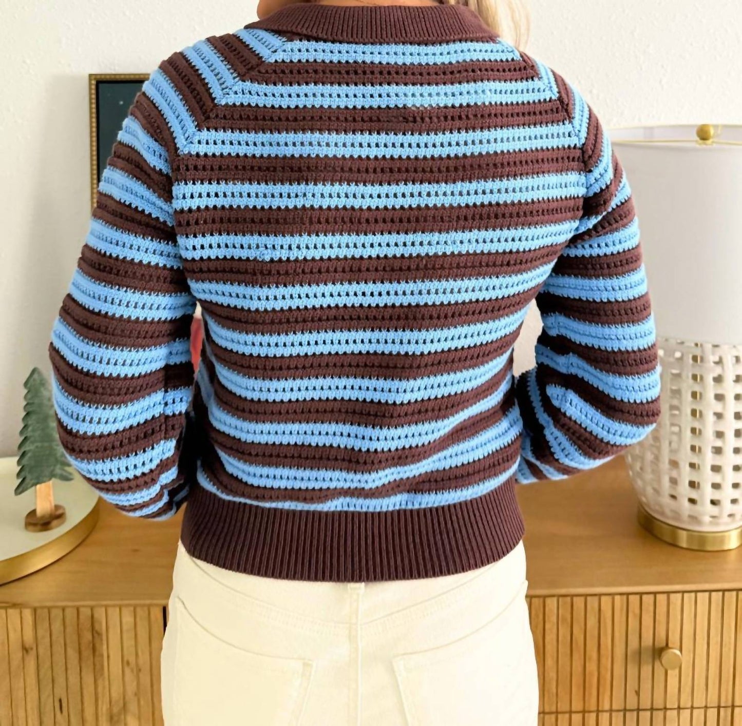 Aaron & Amber - Bohemian Style Half Button Polo Striped Sweater