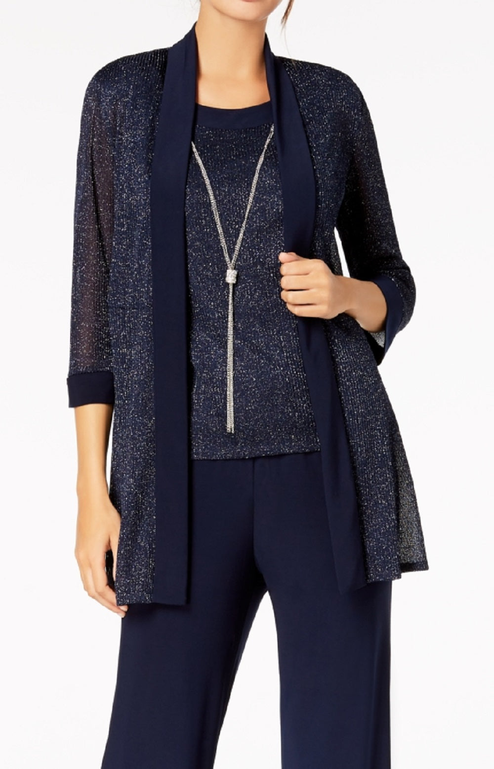R & M Richards Women's Metallic Pantsuit Shell & Necklace Set Blue Size 6Petite