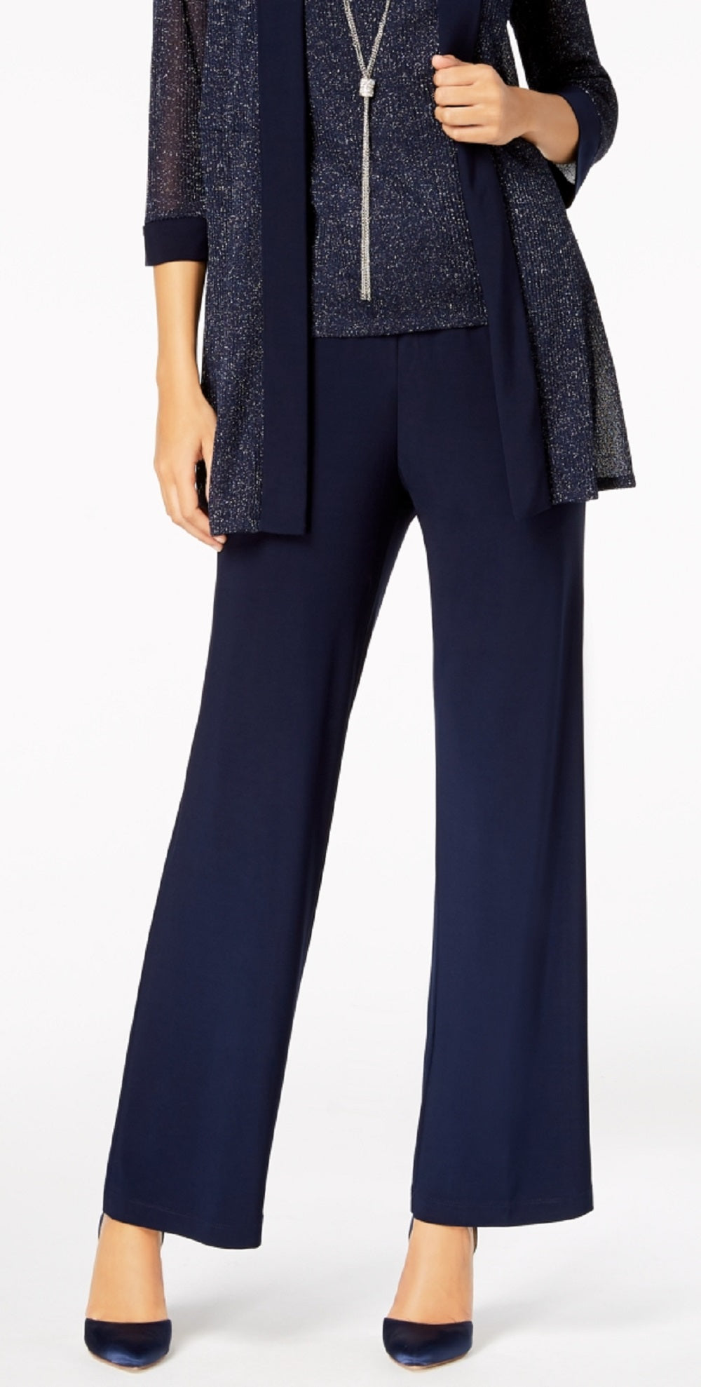 R & M Richards Women's Metallic Pantsuit Shell & Necklace Set Blue Size 6Petite