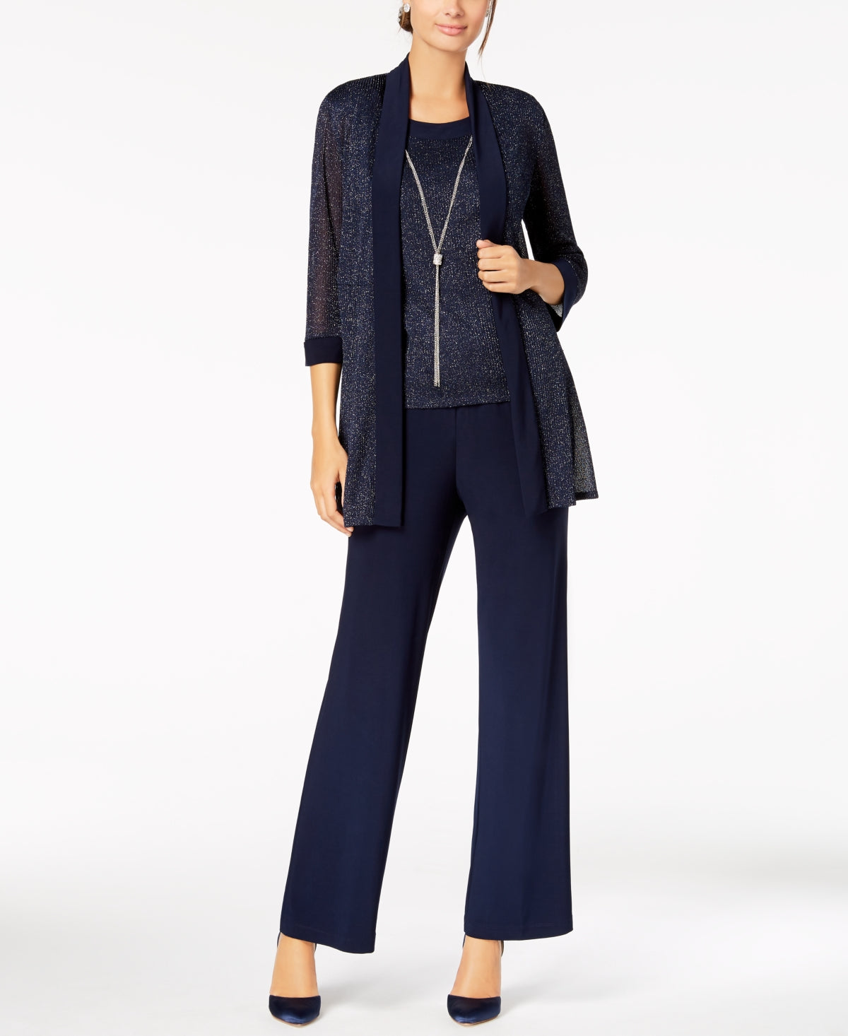 R & M Richards Women's Metallic Pantsuit Shell & Necklace Set Blue Size 6Petite