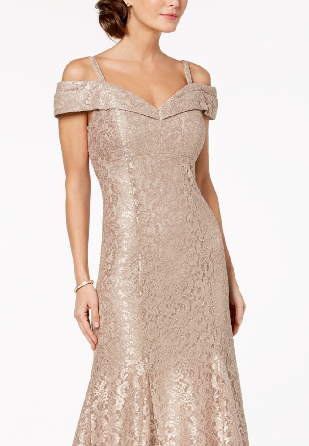 R & M Richards Women's Off The Shoulder Lace Gown Brown Size 10