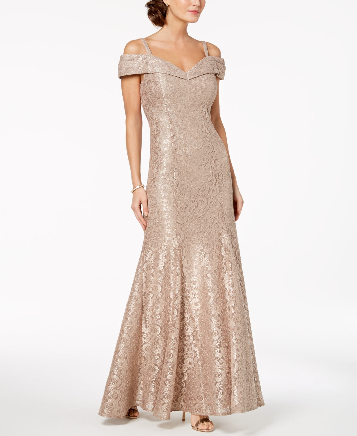 R & M Richards Women's Off The Shoulder Lace Gown Brown Size 10