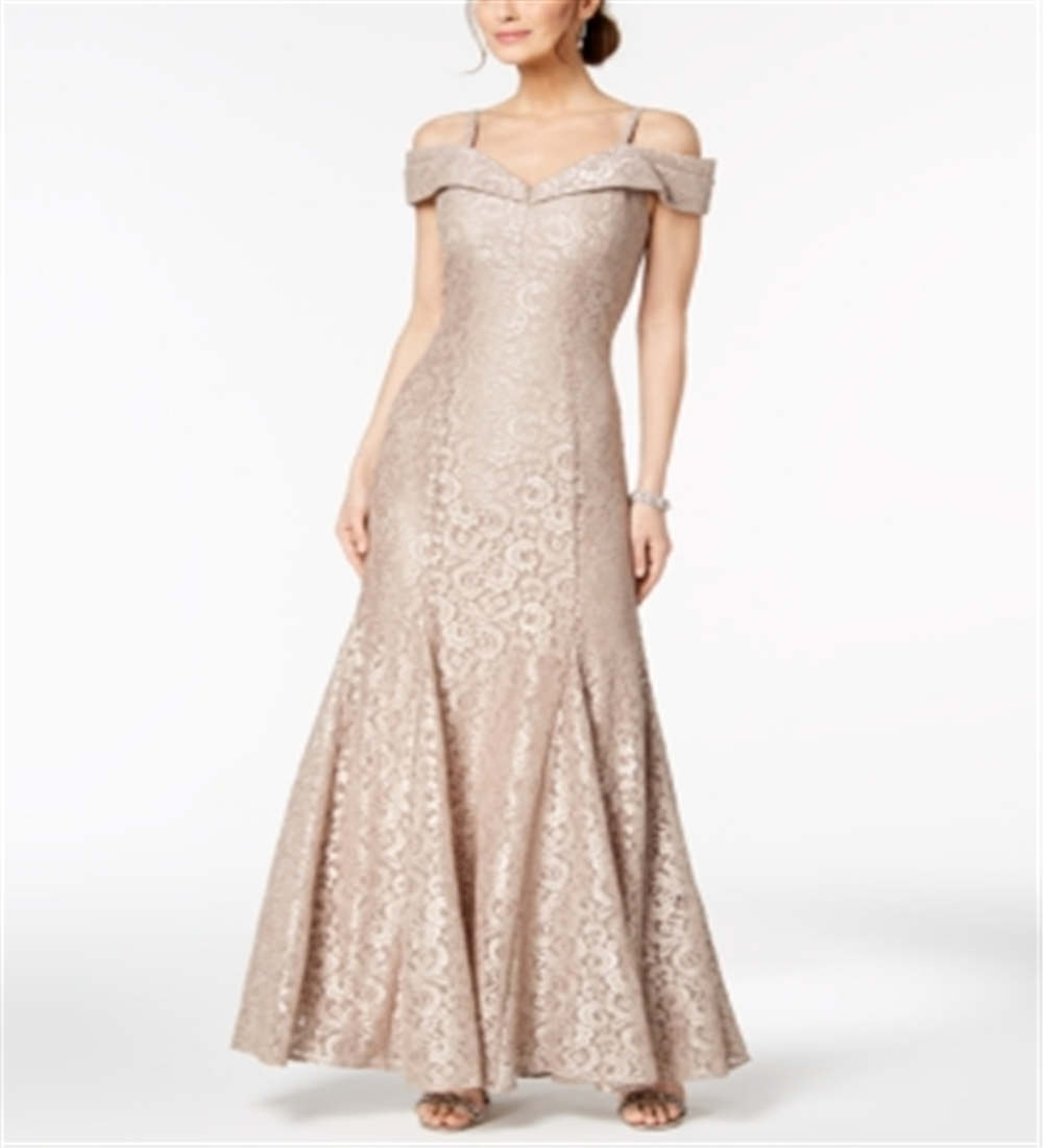 R & M Richards Women's Off the Shoulder Lace Gown Golden Size 12