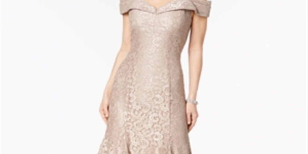 R & M Richards Women's Off the Shoulder Lace Gown Golden Size 12