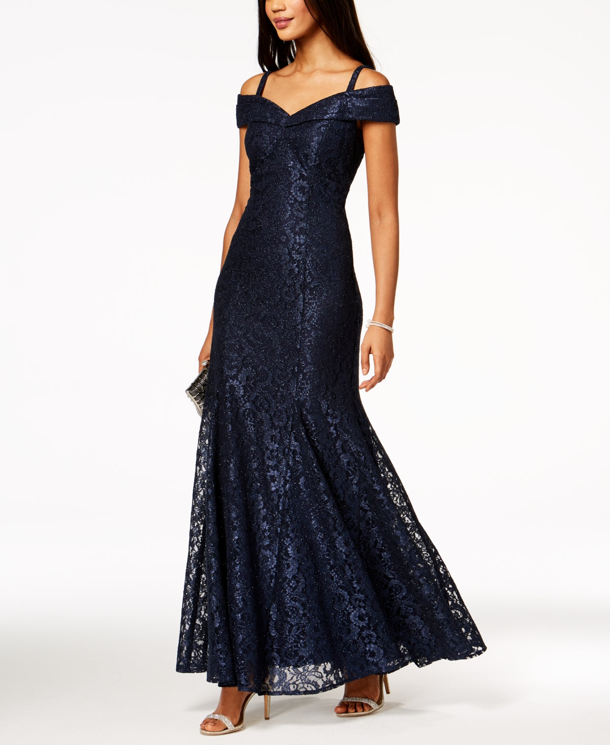 R & M Richards Women's Off The Shoulder Lace Gown Blue Size 16