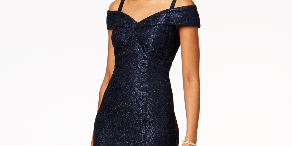 R & M Richards Women's Off The Shoulder Lace Gown Blue Size 16