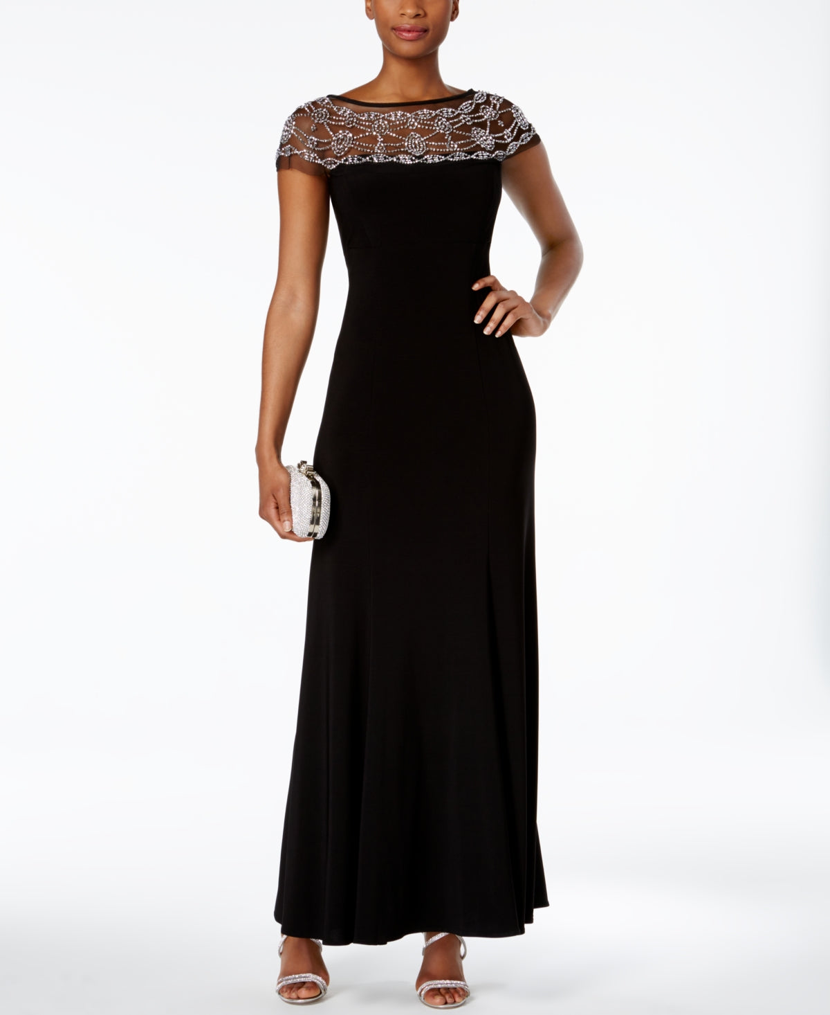 R & M Richards Women's Illusion Beaded Trim A Line Gown Black Size 8