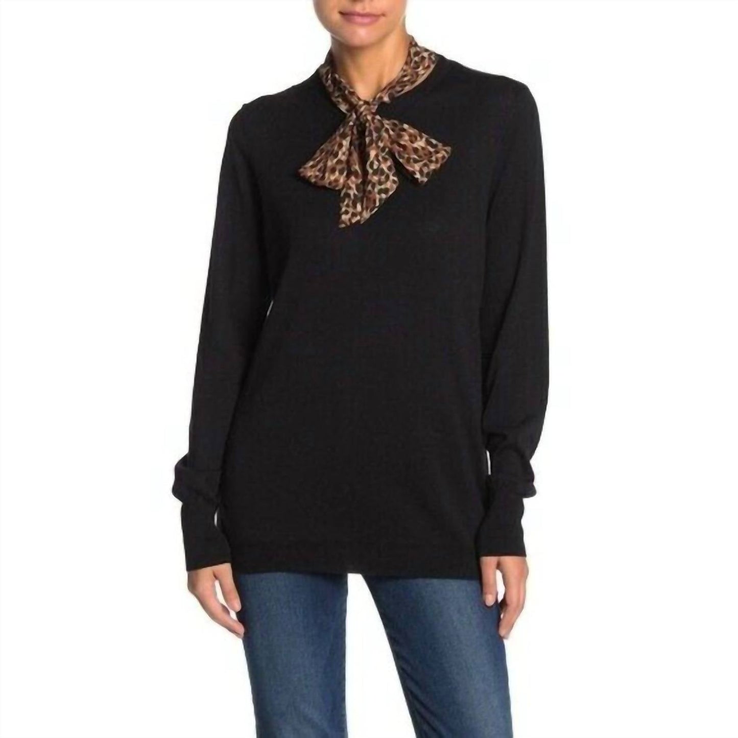 14Th & Union - Pullover Leopard Print Scarf Neck Tie Knit Sweater