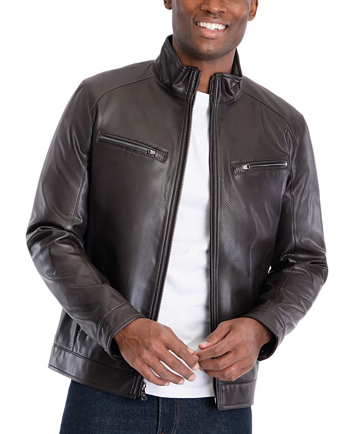 Michael Kors Men's Perforated Faux Leather Moto Jacket Brown Size Small