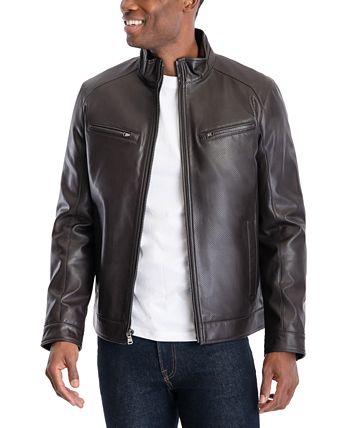 Michael Kors Men's Perforated Faux Leather Moto Jacket Brown Size Small