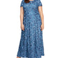 Alex Evenings Women's Rosette Lace Short Sleeve A Line Gown Blue Size 14W