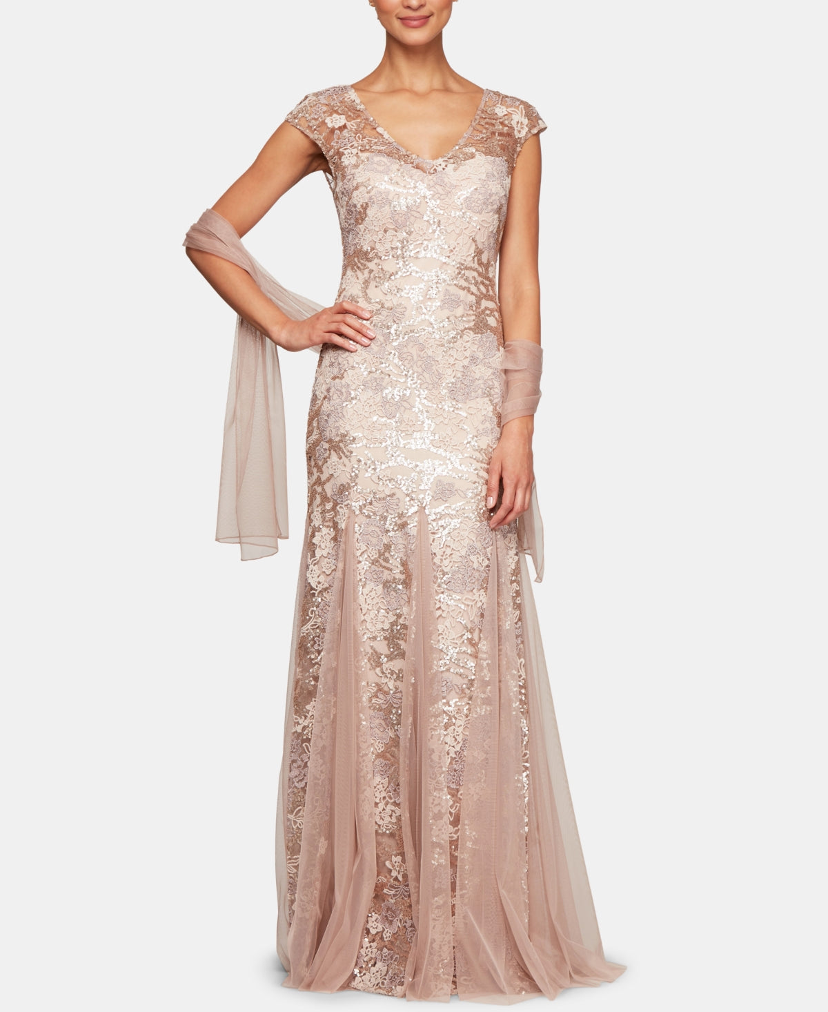 Alex Evenings Women's Embellished Lace Embroidered Illusion Gown & Shawl Brown Size 8