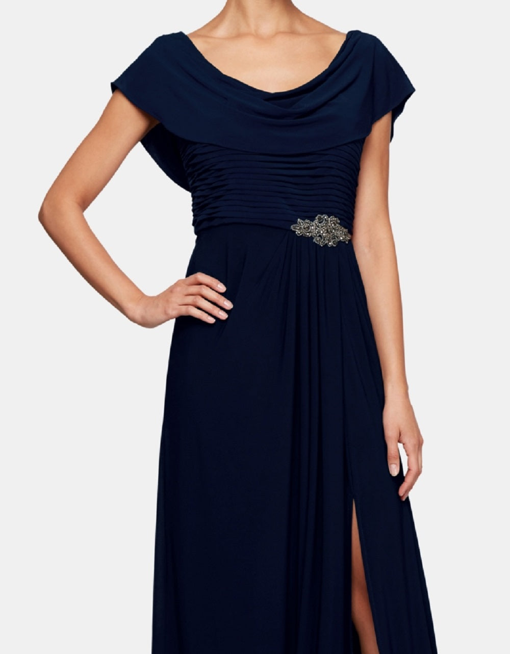 Alex Evenings Women's Cowl Neck Beaded Waist Gown Blue Size 12