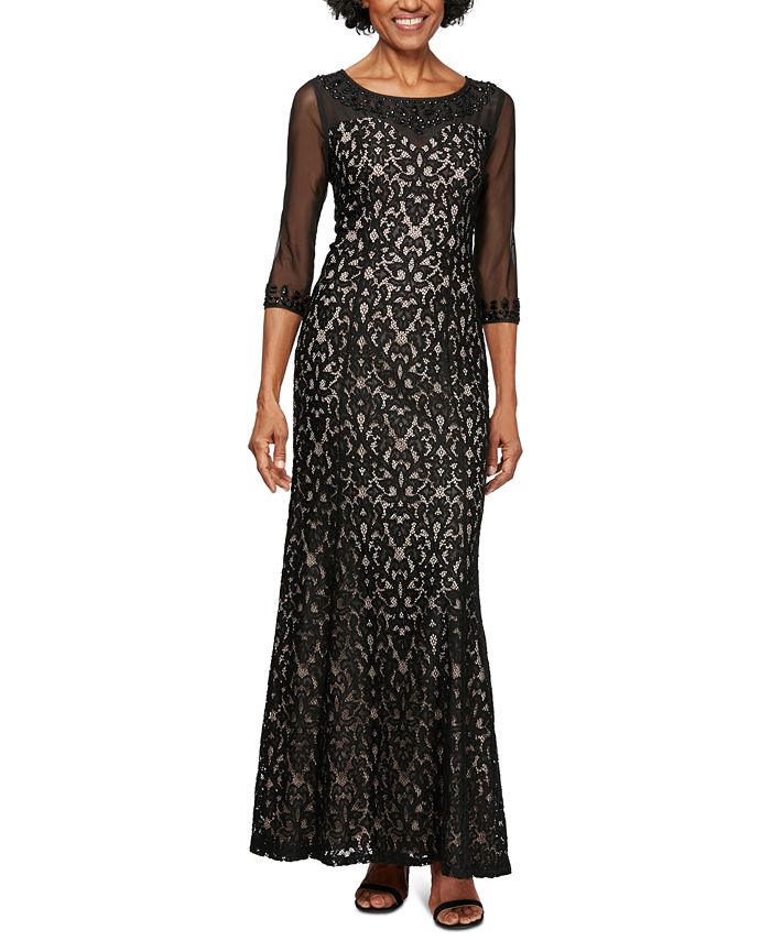 alex-evenings-womens-scoop-neck-3-4-sleeve-illusion-embellished-zipper-back-embroidered-mesh-dress-black-size-8-petite