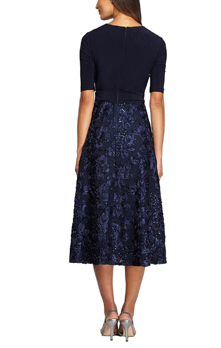Alex Evenings Women's Tea Length Party Dress with Full Rosette Skirt and Tie Faux Belt Blue Size 6 Petite