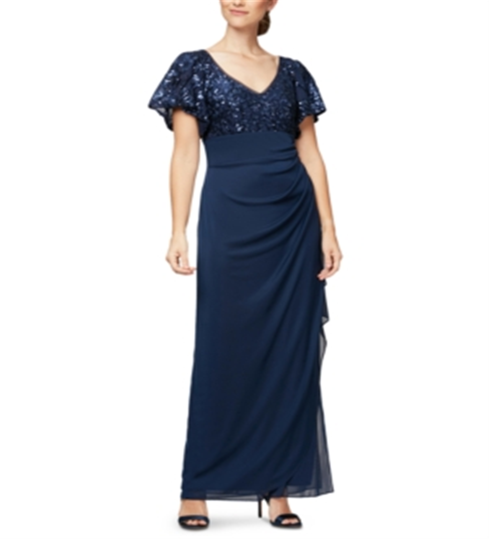 Alex Evenings Women's Short Sleeve V Neck Full Length Evening Empire Waist Dress Blue Size 6 Petite