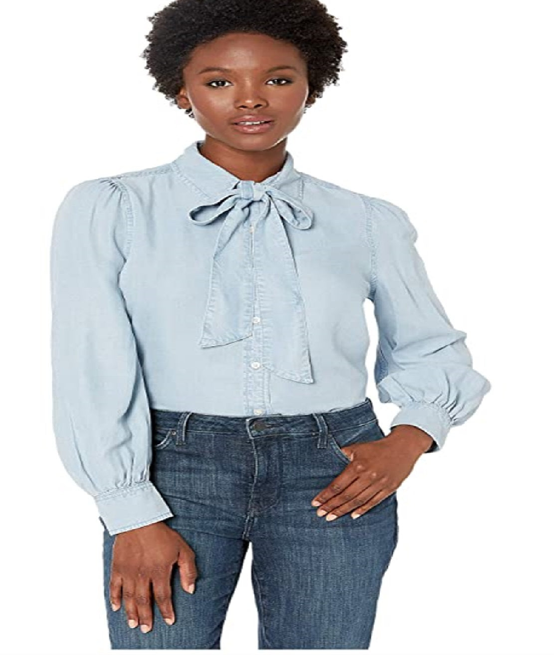 Ralph Lauren Women's Chambray Tie Neck Shirt Blue Size Petite M