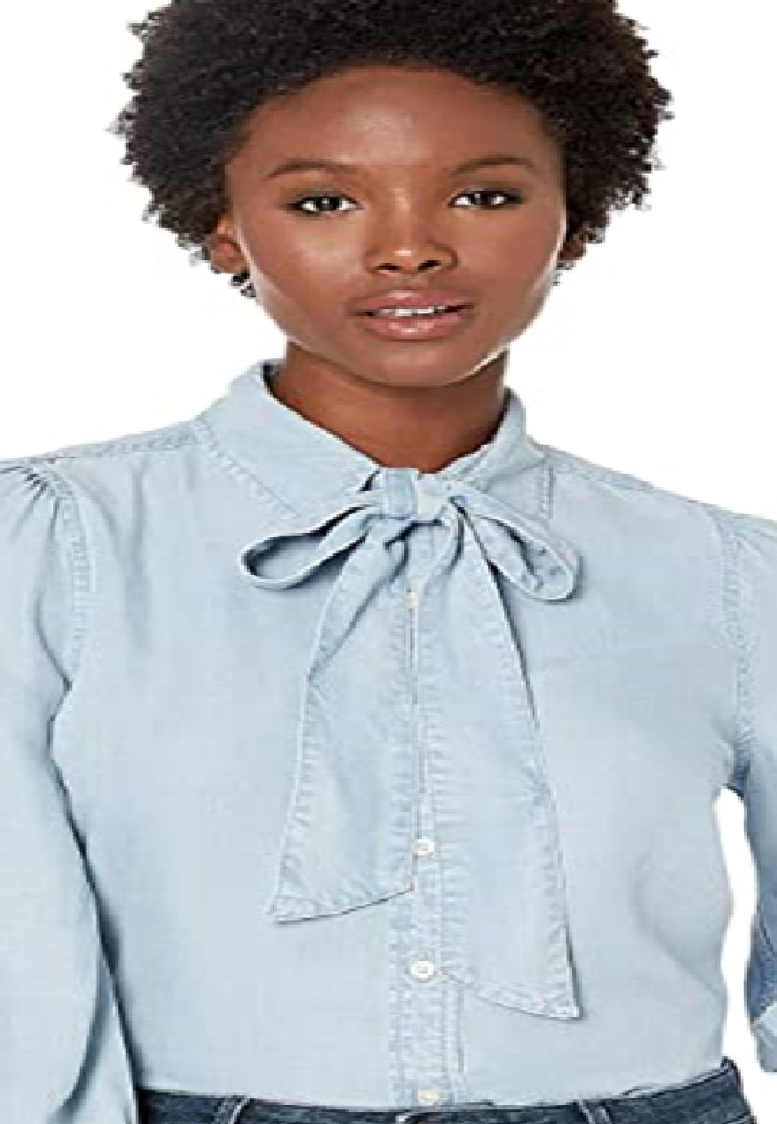 Ralph Lauren Women's Chambray Tie Neck Shirt Blue Size Petite M