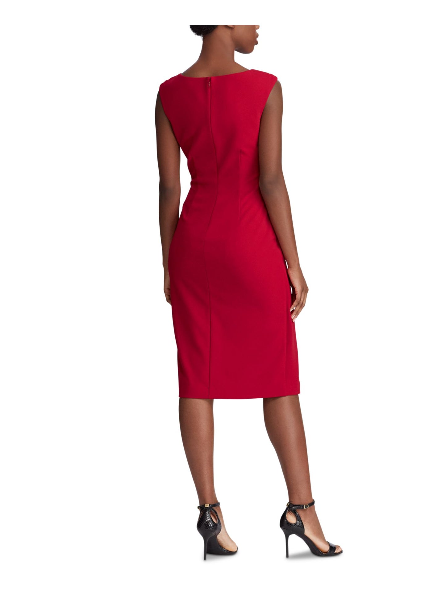 Ralph Lauren Women's Ruched Zippered Sleeveless V Neck Below The Knee Sheath Cocktail Dress Red Size 16