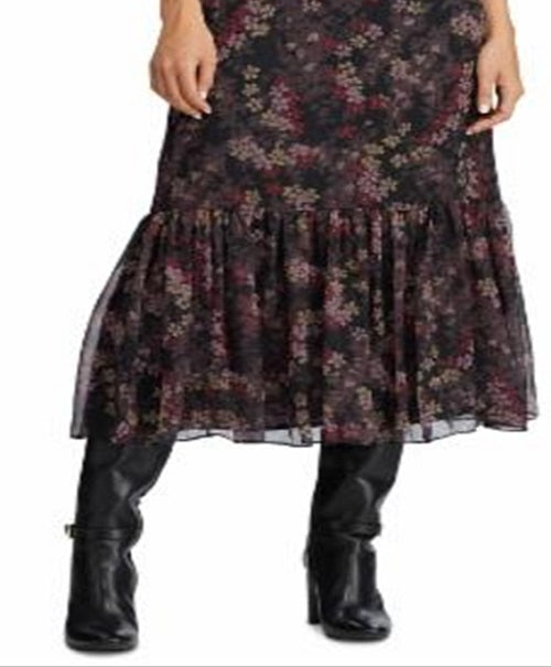 Ralph Lauren Women's Floral Print Georgette Skirt Black Size 12
