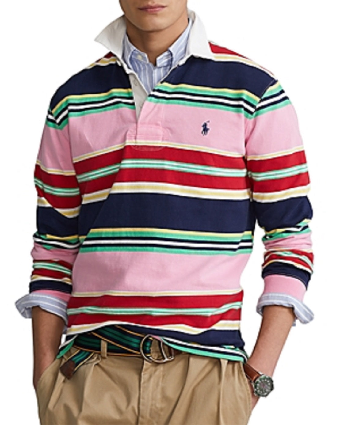 Polo Ralph Lauren Men's Classic Fit Logo Jersey Rugby Shirt Pink Size Large