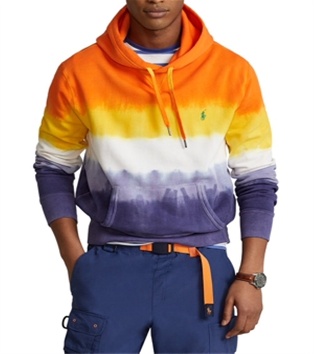 Polo Ralph Lauren Men's Cotton Blend Fleece Tie Dyed Stripe Regular Fit Hoodie Orange Size Large
