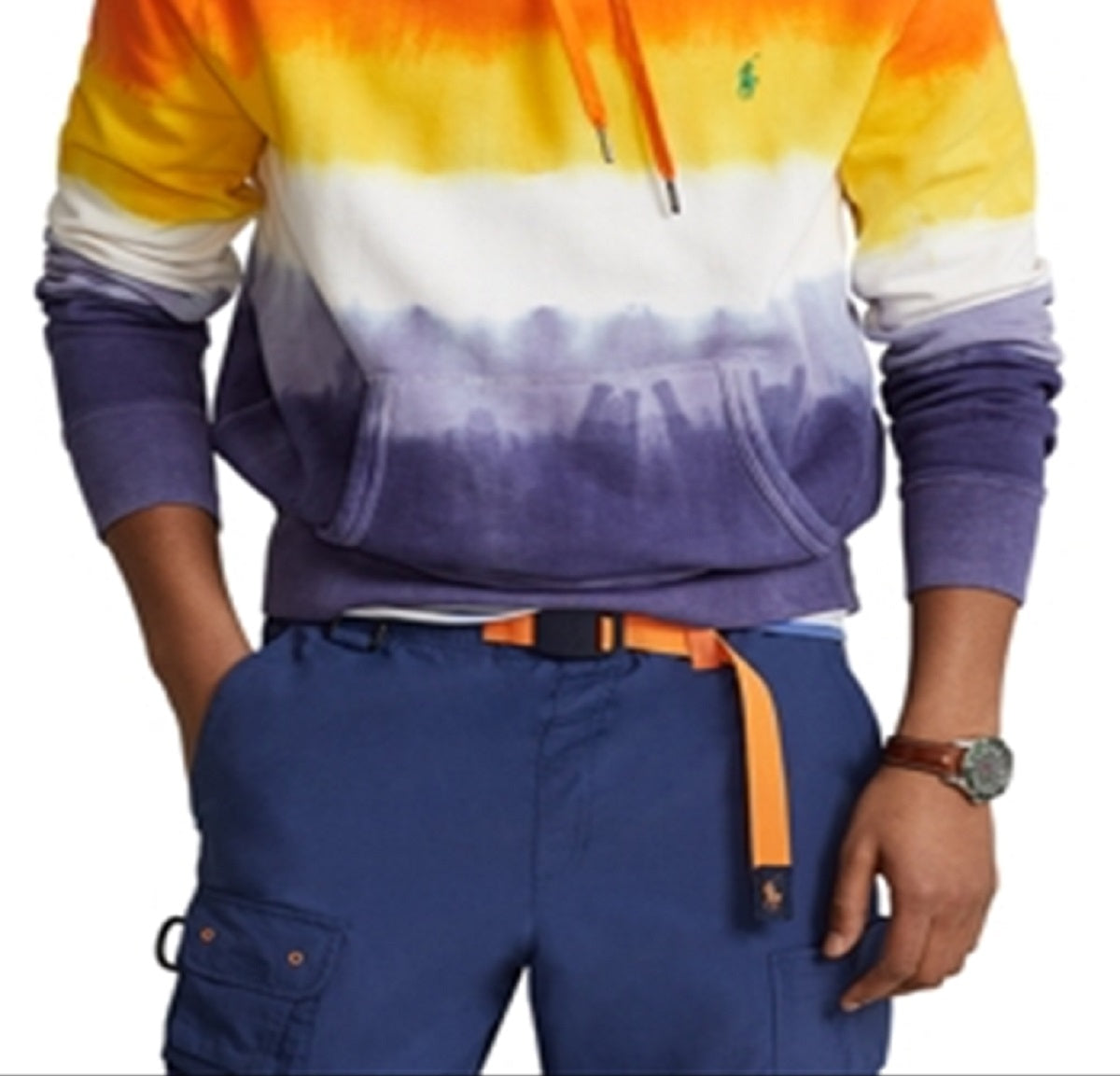 Polo Ralph Lauren Men's Cotton Blend Fleece Tie Dyed Stripe Regular Fit Hoodie Orange Size Large
