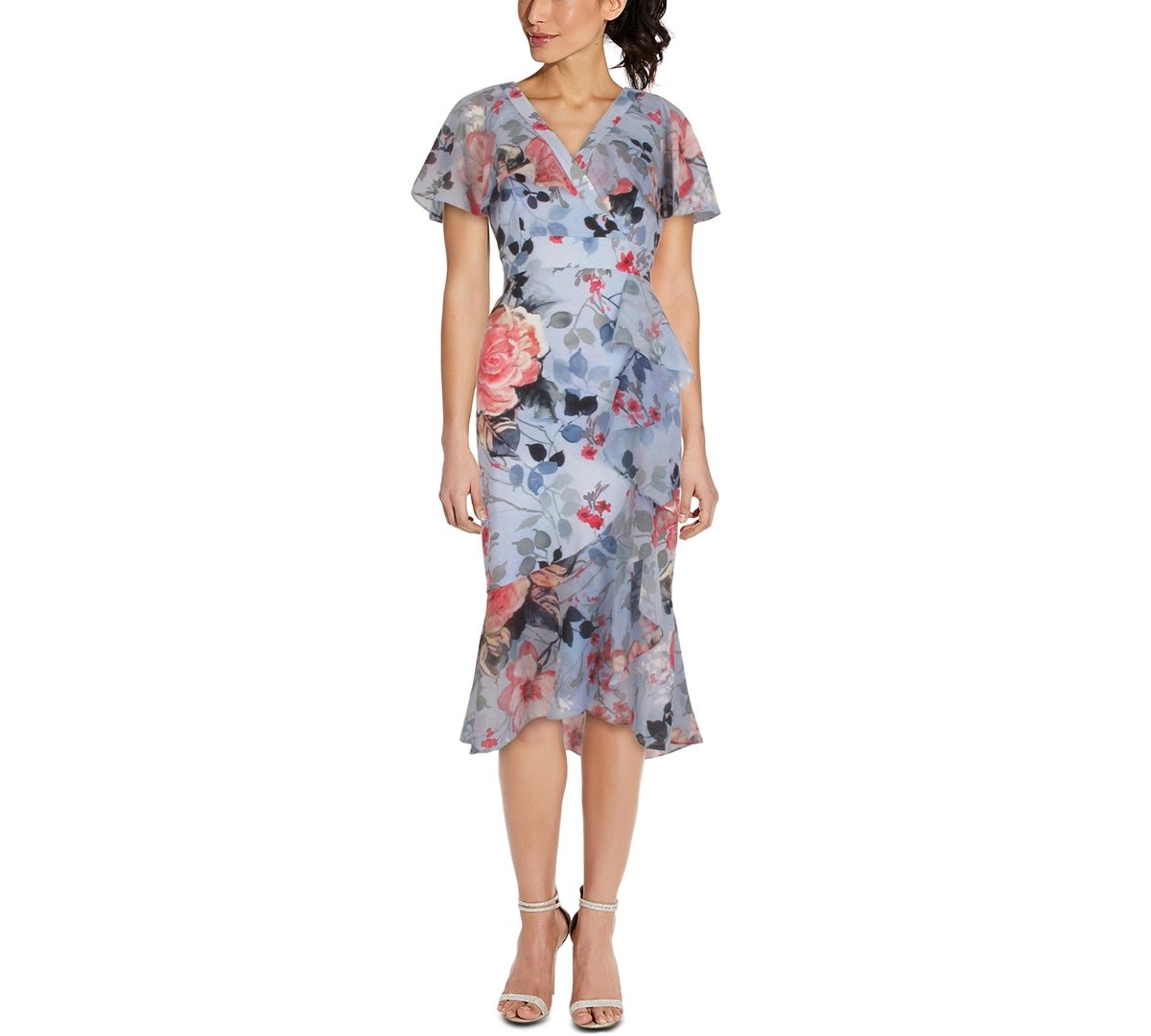 Adrianna Papell Women's Floral Wrap Front Ruffle Midi Dress Blue Size 12