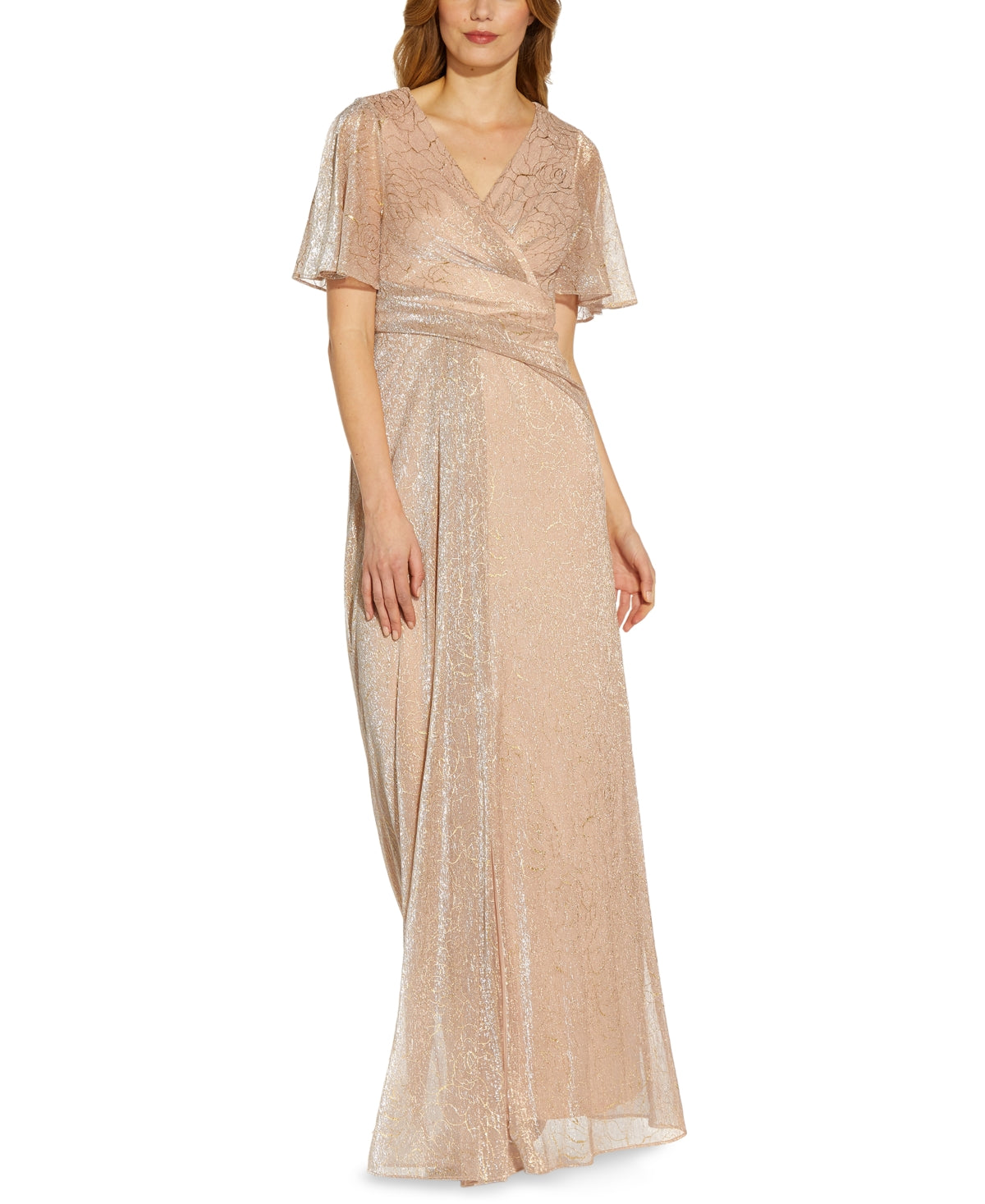 Adrianna Papell Women's Metallic Mesh Drape A Line Gown Brown Size 16