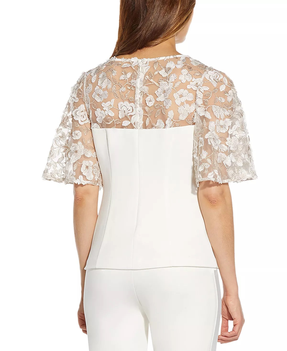 Adrianna Papell Women's Embroidered Illusion Top White Size 14