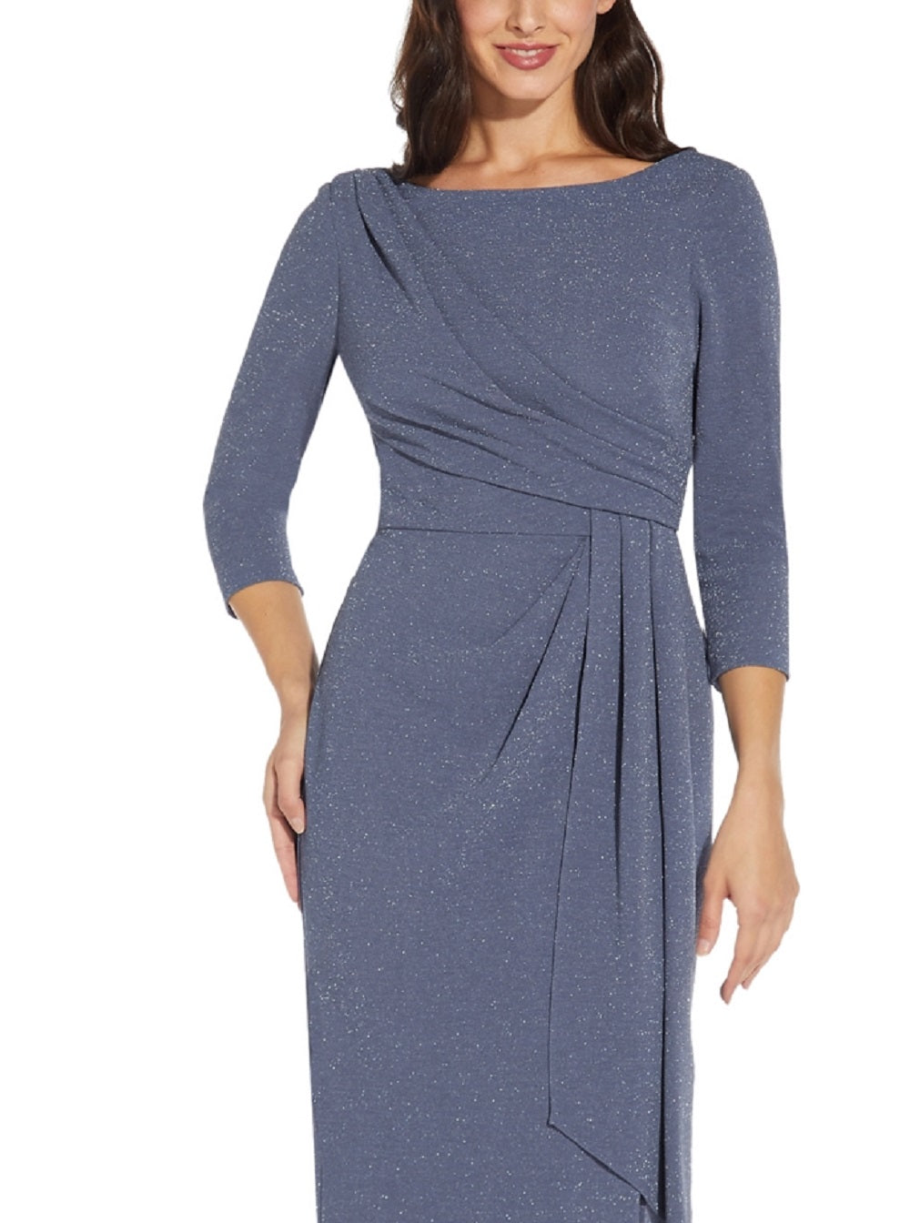 Adrianna Papell Women's Metallic Knit Long Draped Column Gown Blue Size 10